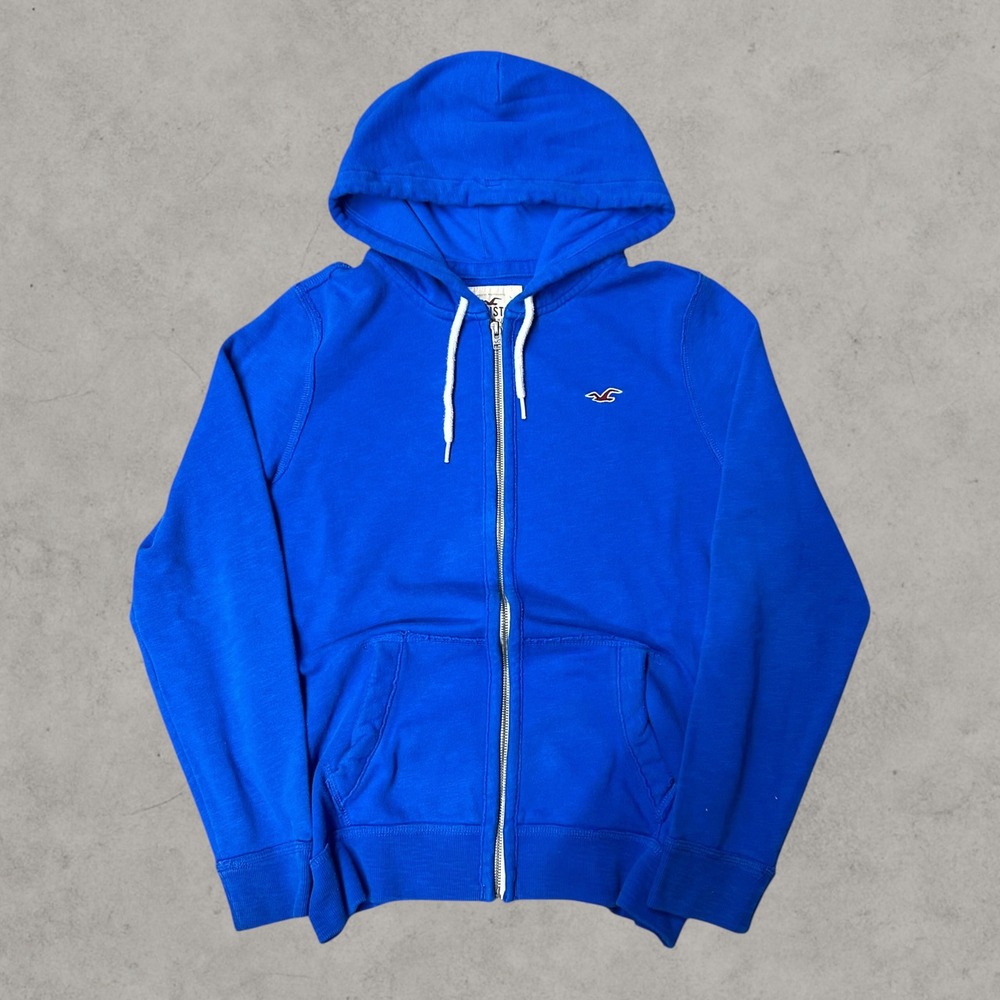 Hollister Hoodie Mens Small Blue Full Zip Embroidered Logo Fleece Y2K 2000s Emo